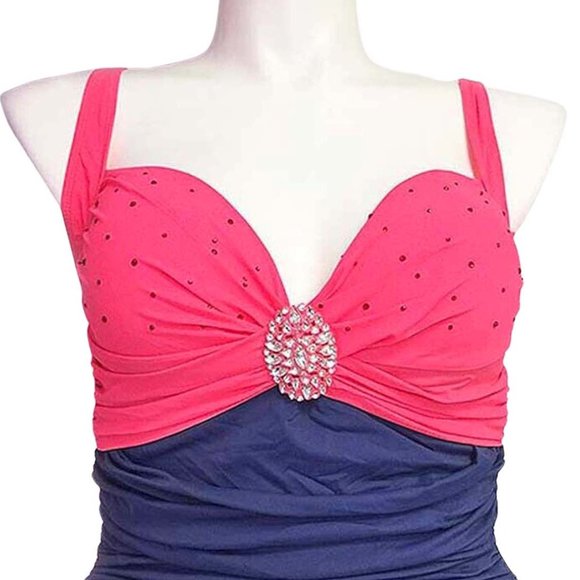 Ruched Front 1pc Swimsuit Sizes 10 or 12  Navy Blue Swimwear with Front Jewel - Picture 9 of 9